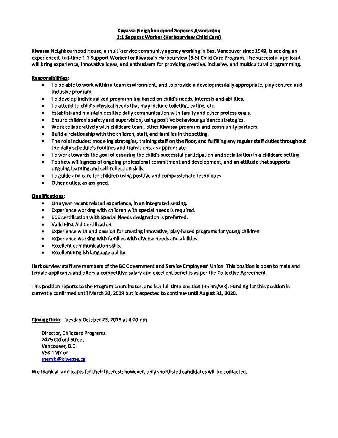 Harbourview 1 to 1 support worker 2018 - Kiwassa Neighbourhood House
