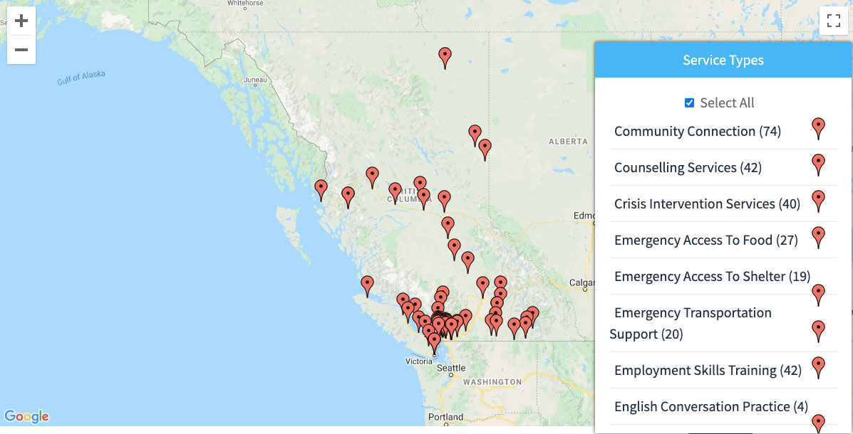 An image of a map of BC, with red pins showing locations of migrant worker services