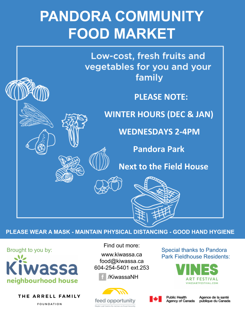An image of the market poster, with a blue background and white line drawings of vegetables, with event details